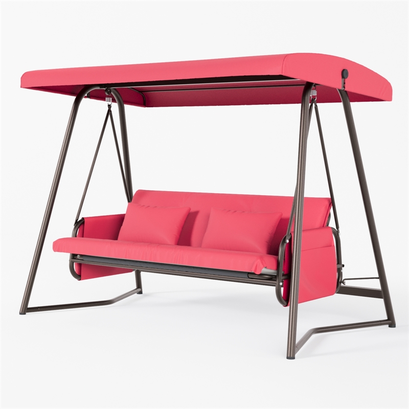 CRO Decor Red Swing Bed with Cushion and Adjustable Roof on Outdoor
