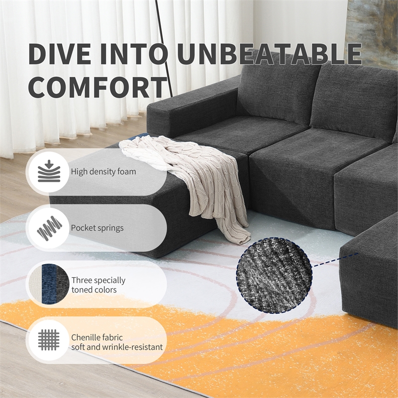 CRO Decor Dark Gray Luxury Chenille Velvet U-shaped Combination Floor Sofa