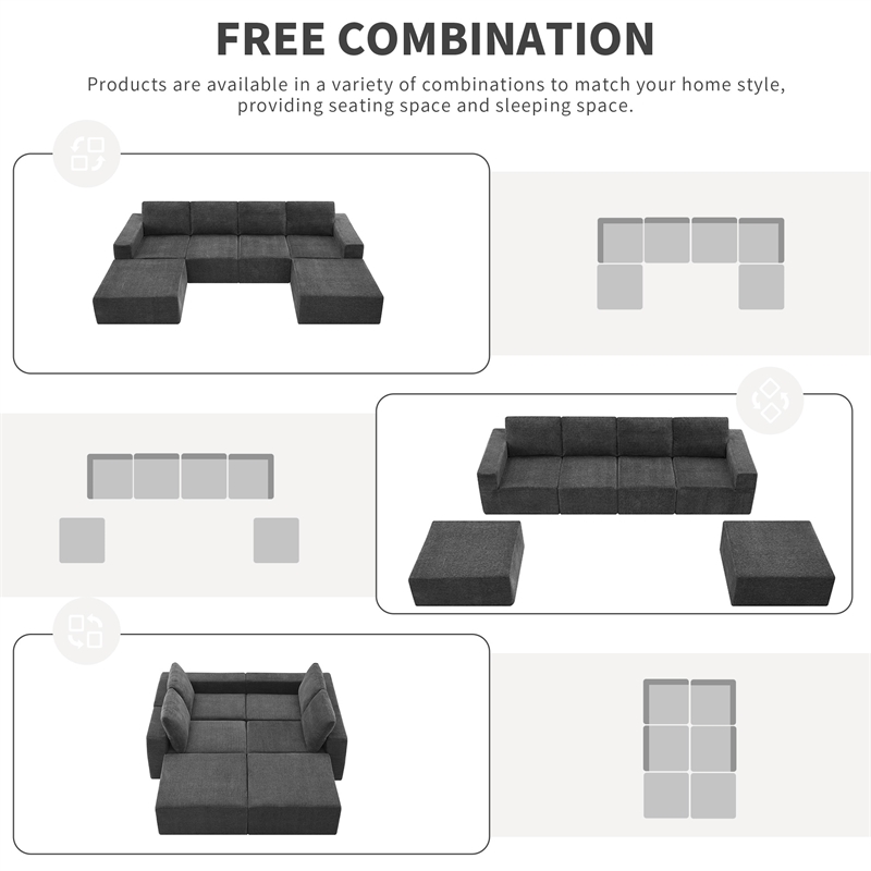 CRO Decor Dark Gray Luxury Chenille Velvet U-shaped Combination Floor Sofa