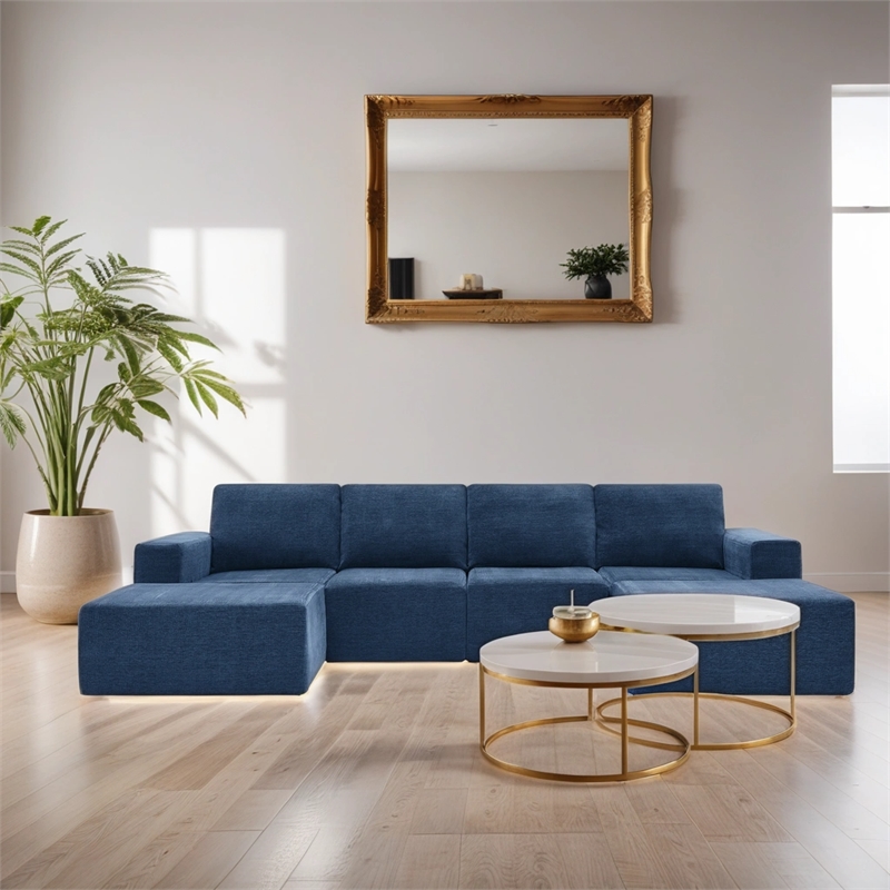 CRO Decor Navy  Luxury Chenille Velvet U-shaped Combination Floor Sofa