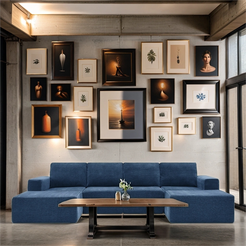 CRO Decor Navy  Luxury Chenille Velvet U-shaped Combination Floor Sofa