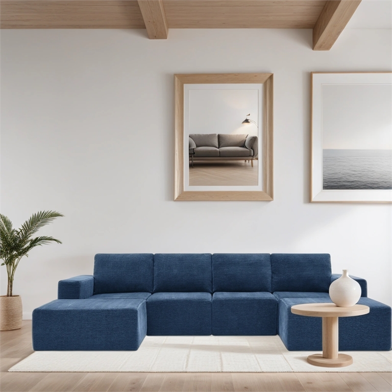 CRO Decor Navy  Luxury Chenille Velvet U-shaped Combination Floor Sofa