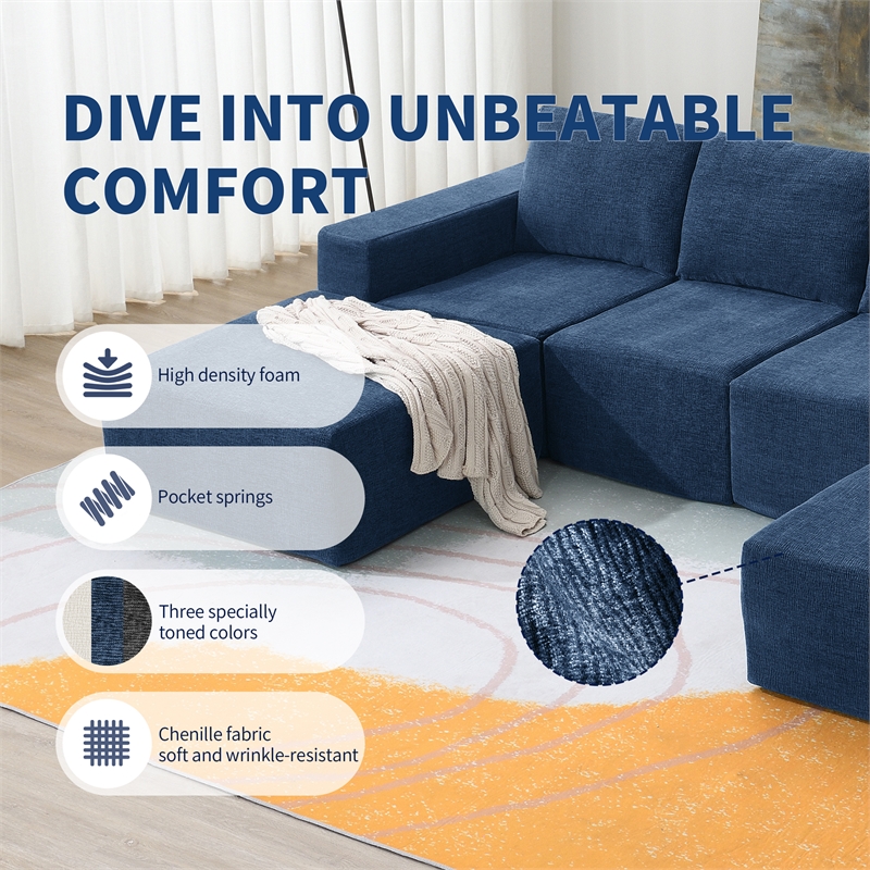 CRO Decor Navy  Luxury Chenille Velvet U-shaped Combination Floor Sofa