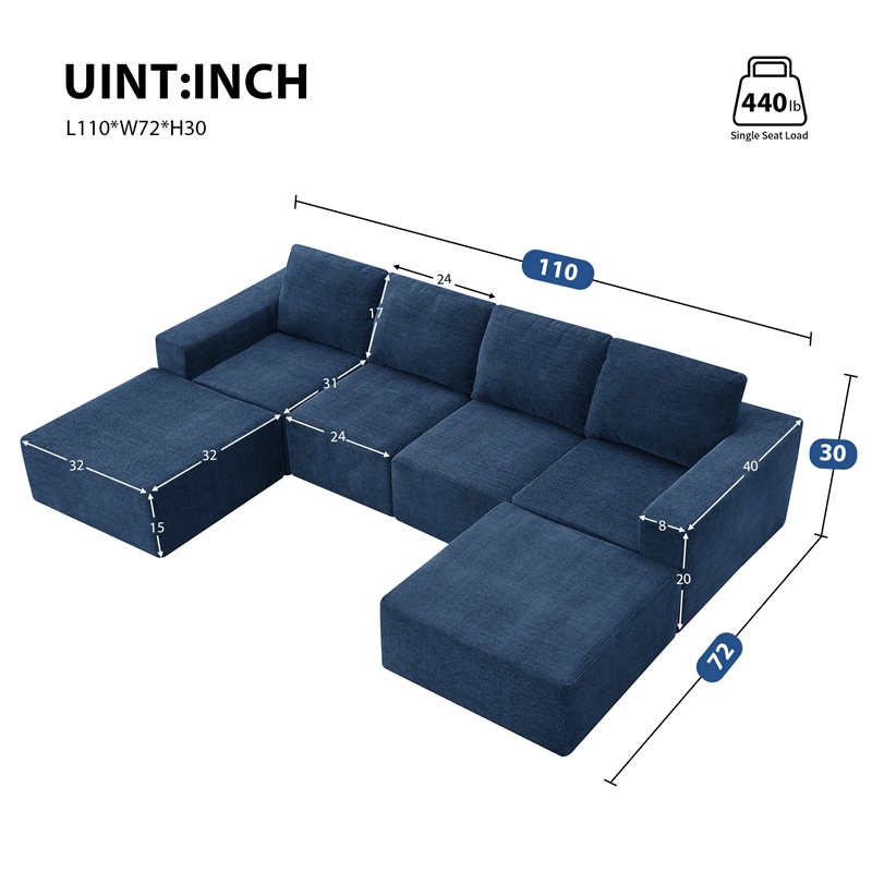 CRO Decor Navy  Luxury Chenille Velvet U-shaped Combination Floor Sofa
