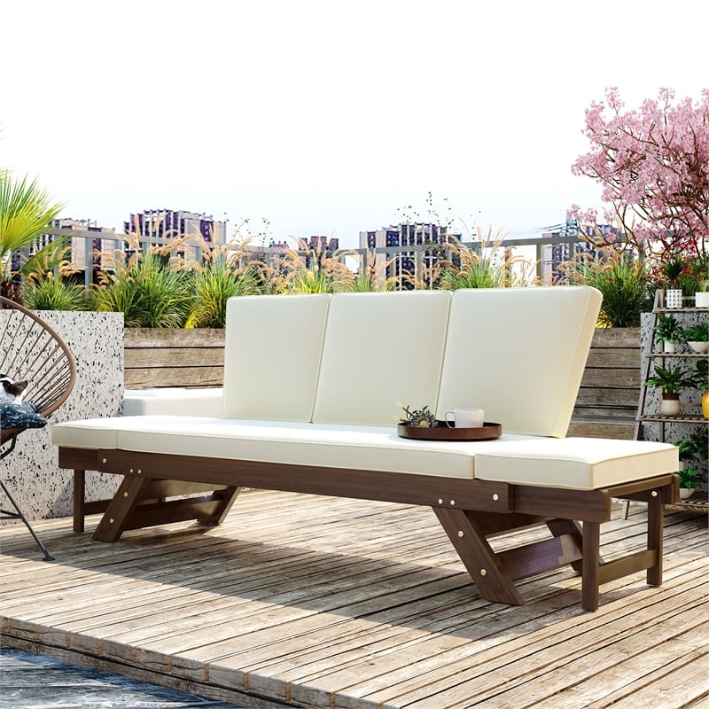 CRO Decor Outdoor Adjustable Patio Wooden Sofa Chaise Lounge with Beige Cushion