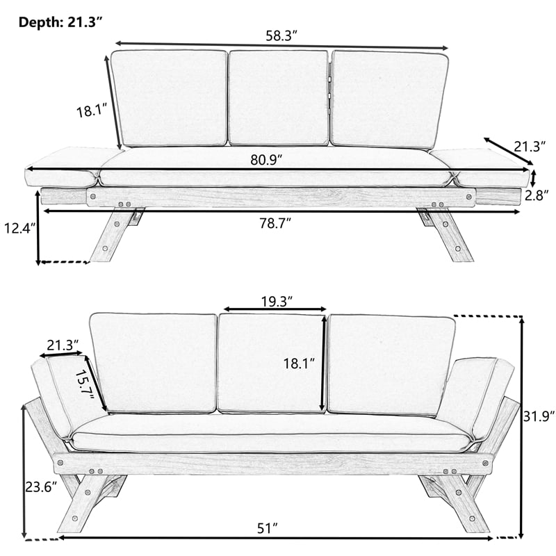 CRO Decor Outdoor Adjustable Patio Wooden Sofa Chaise Lounge with Beige Cushion