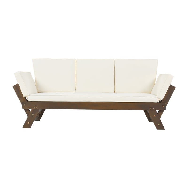 CRO Decor Outdoor Adjustable Patio Wooden Sofa Chaise Lounge with Beige Cushion
