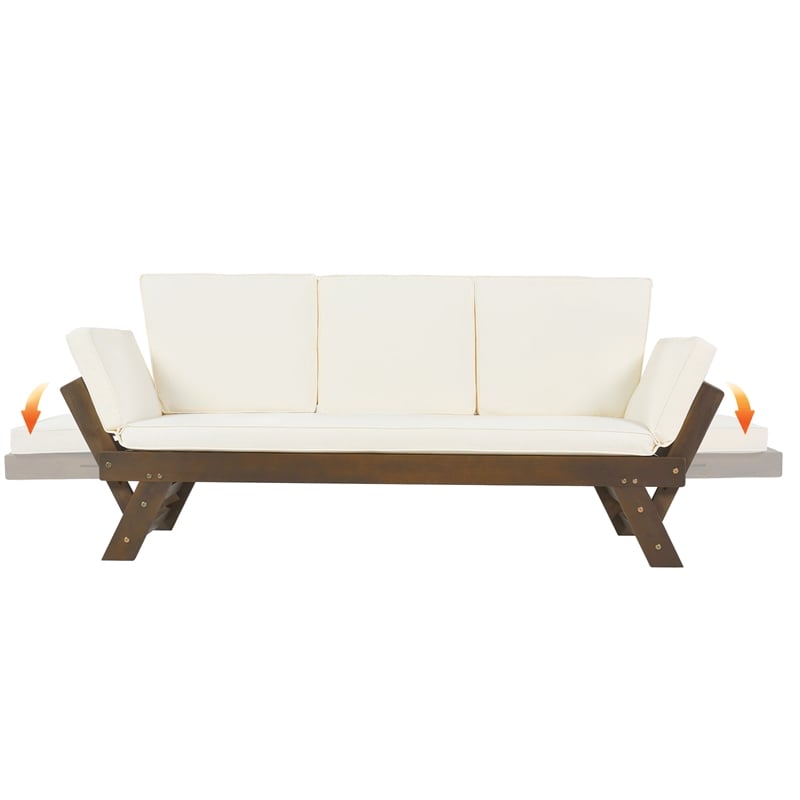 CRO Decor Outdoor Adjustable Patio Wooden Sofa Chaise Lounge with Beige Cushion