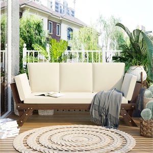CRO Decor Outdoor Adjustable Patio Wooden Sofa Chaise Lounge with Beige Cushion
