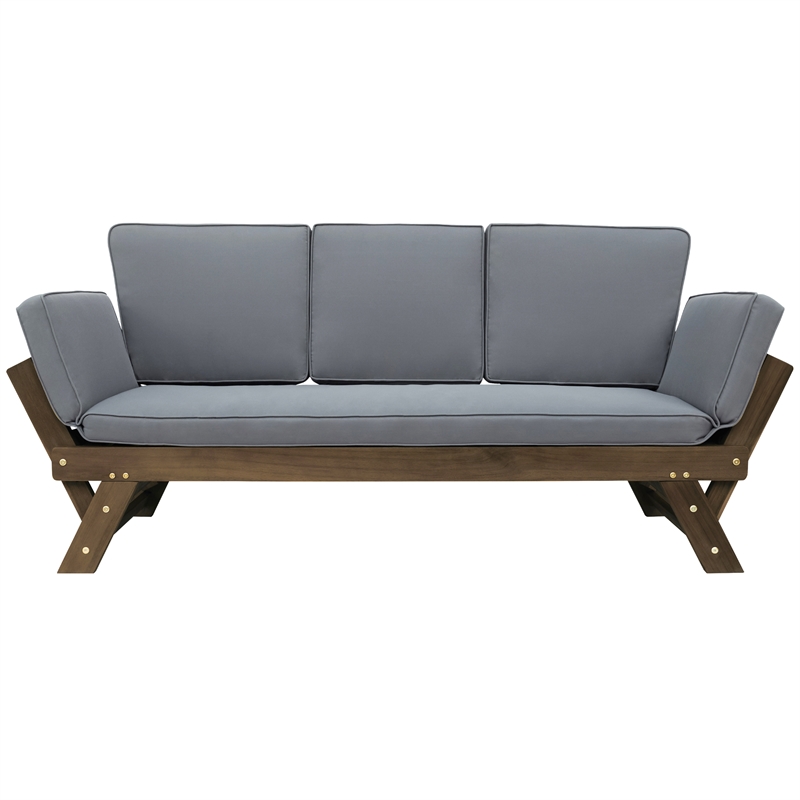CRO Decor Outdoor Adjustable Patio Wooden Sofa Chaise Lounge with Gray Cushion