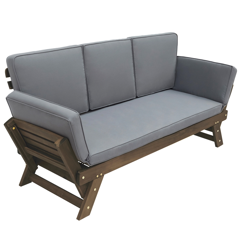 CRO Decor Outdoor Adjustable Patio Wooden Sofa Chaise Lounge with Gray Cushion