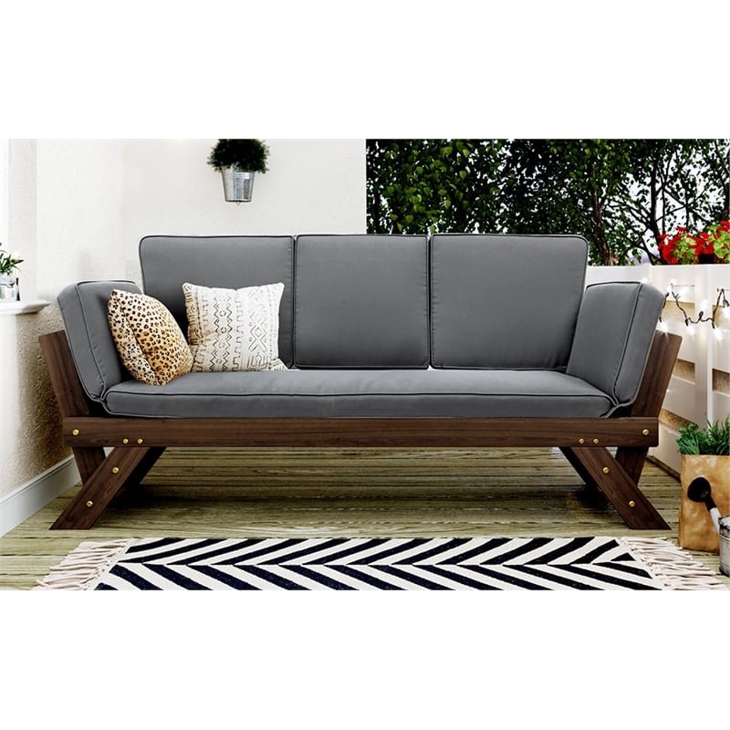 CRO Decor Outdoor Adjustable Patio Wooden Sofa Chaise Lounge with Gray Cushion
