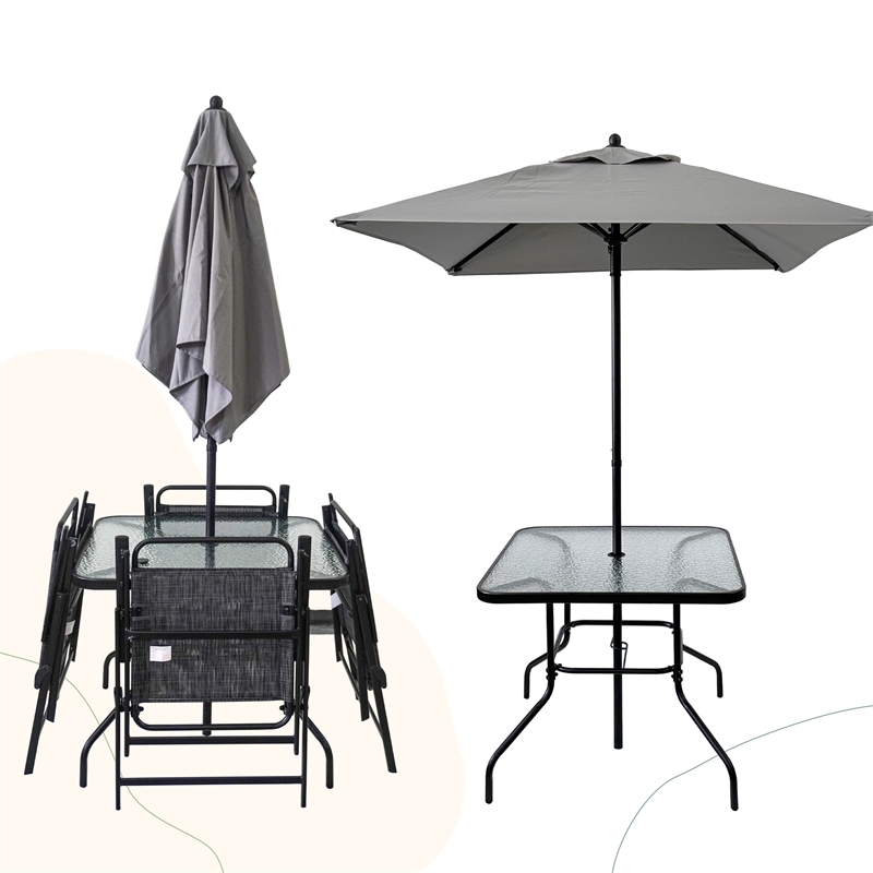 CRO Decor Black Metal Terrace Furniture Table and Chair Set with Umbrella
