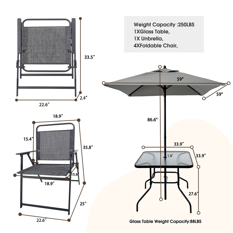 CRO Decor Black Metal Terrace Furniture Table and Chair Set with Umbrella