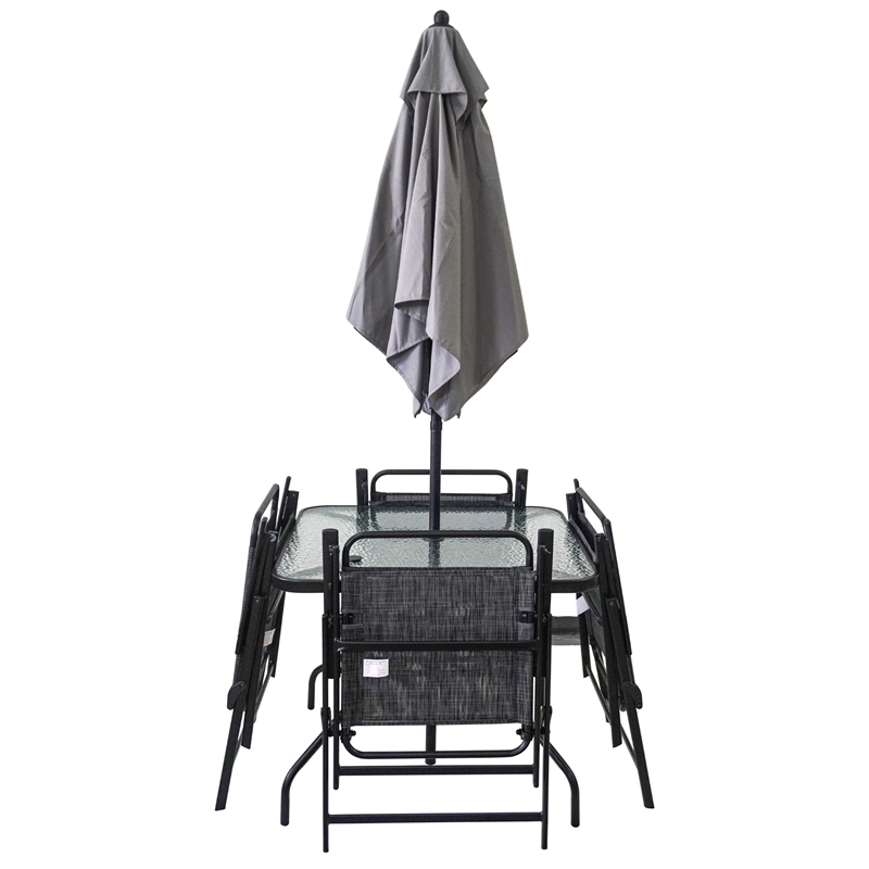 CRO Decor Black Metal Terrace Furniture Table and Chair Set with Umbrella