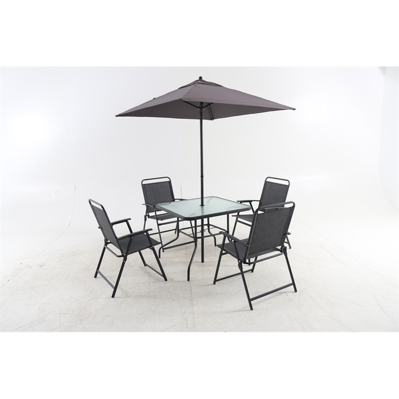 CRO Decor Black Metal Terrace Furniture Table and Chair Set with Umbrella