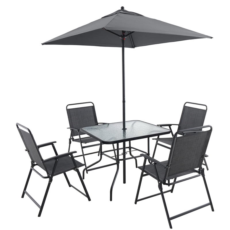 CRO Decor Black Metal Terrace Furniture Table and Chair Set with Umbrella