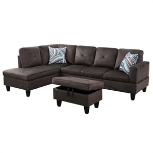 CRO Decor Espresso Flannel 3-Piece Couch Living Room Sofa Set