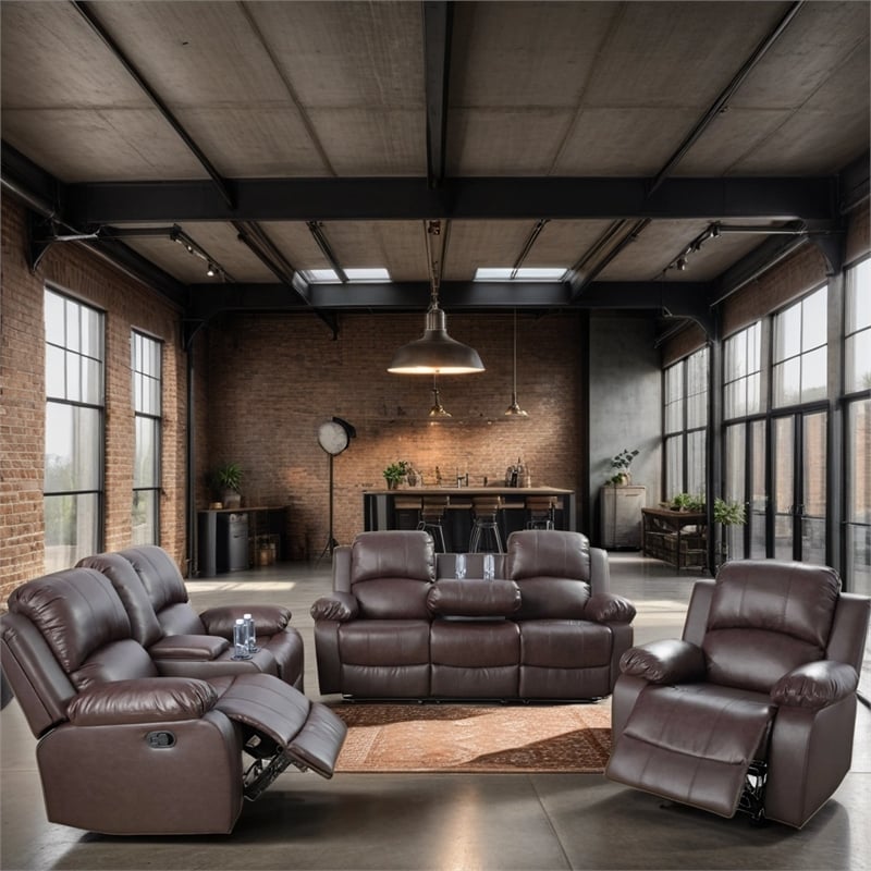 CRO Decor Brown Recycled Leather 3-Piece Couch Living Room Sofa Set