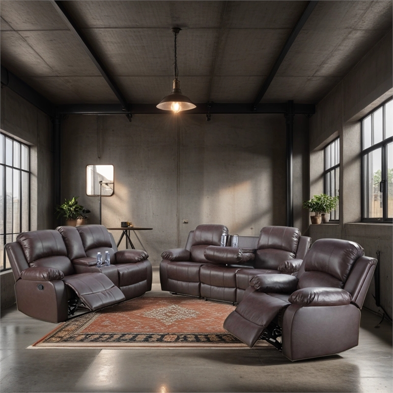 CRO Decor Brown Recycled Leather 3-Piece Couch Living Room Sofa Set