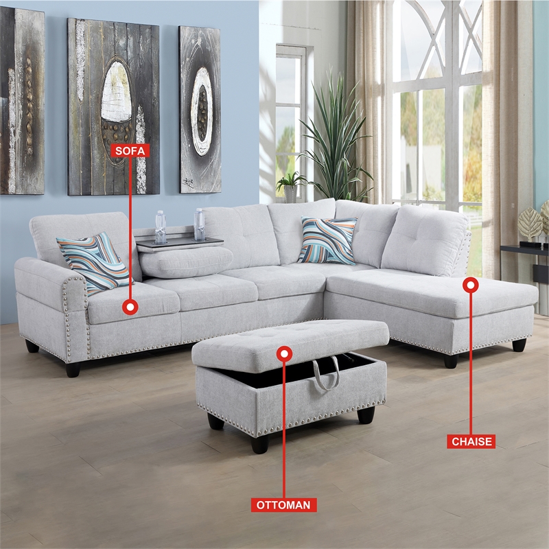CRO Decor Gray White Flannel 3-Piece Couch Living Room Sofa Set