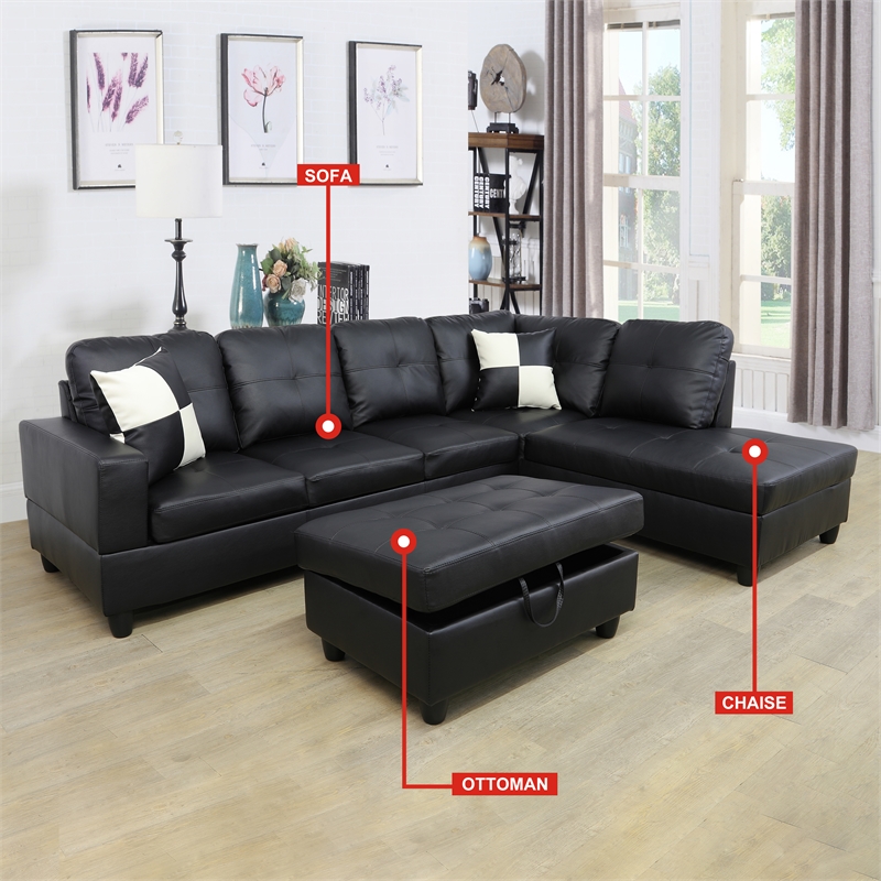 CRO Decor Black Faux Leather 3-Piece Couch Living Room Sofa Set