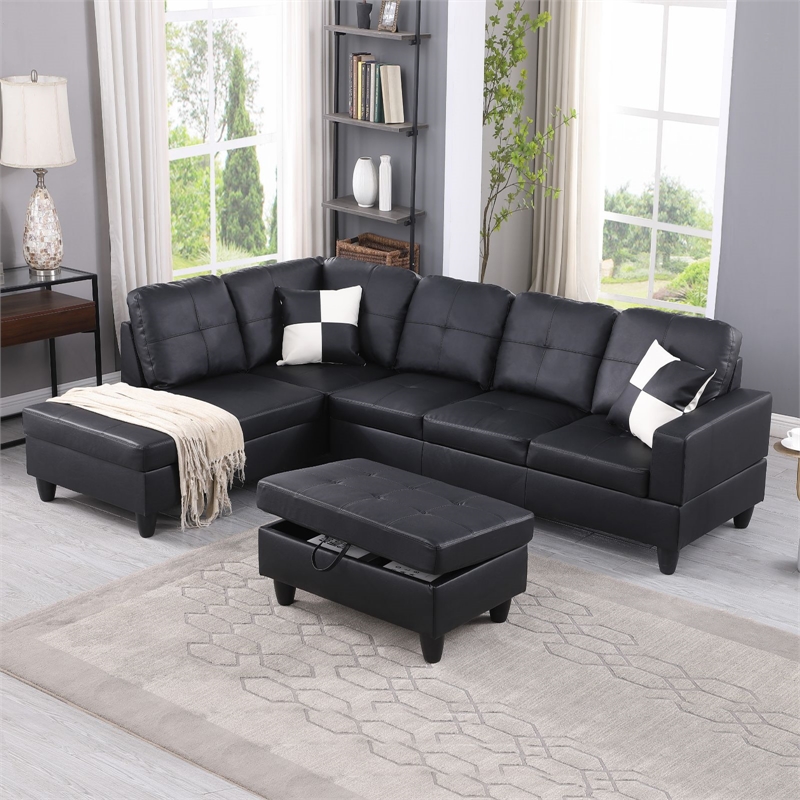 CRO Decor Black Faux Leather 3-Piece Couch Living Room Sofa Set