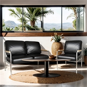 Faux Leather Armchair Stainless Steel Frame-Black (1 Love Seat & 1 Accent Chair)