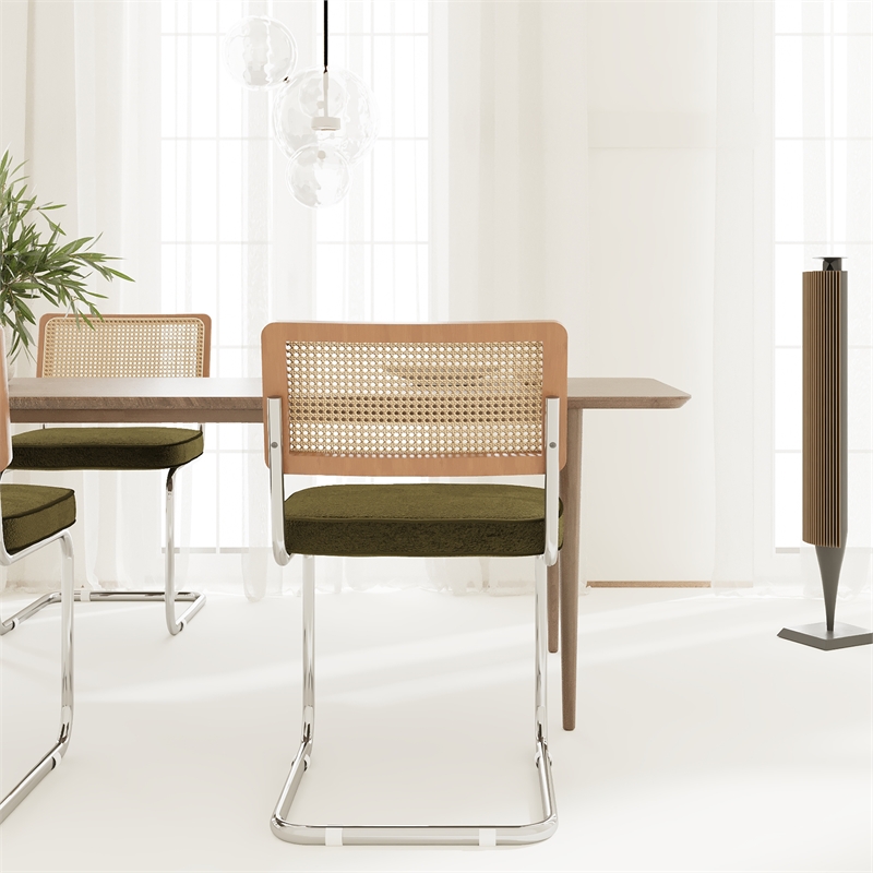 CRO Decor Stainless steel rattan backrest velvet cushion chair (2pc) - Green