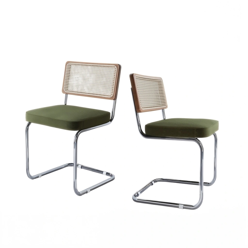 CRO Decor Stainless steel rattan backrest velvet cushion chair (2pc) - Green