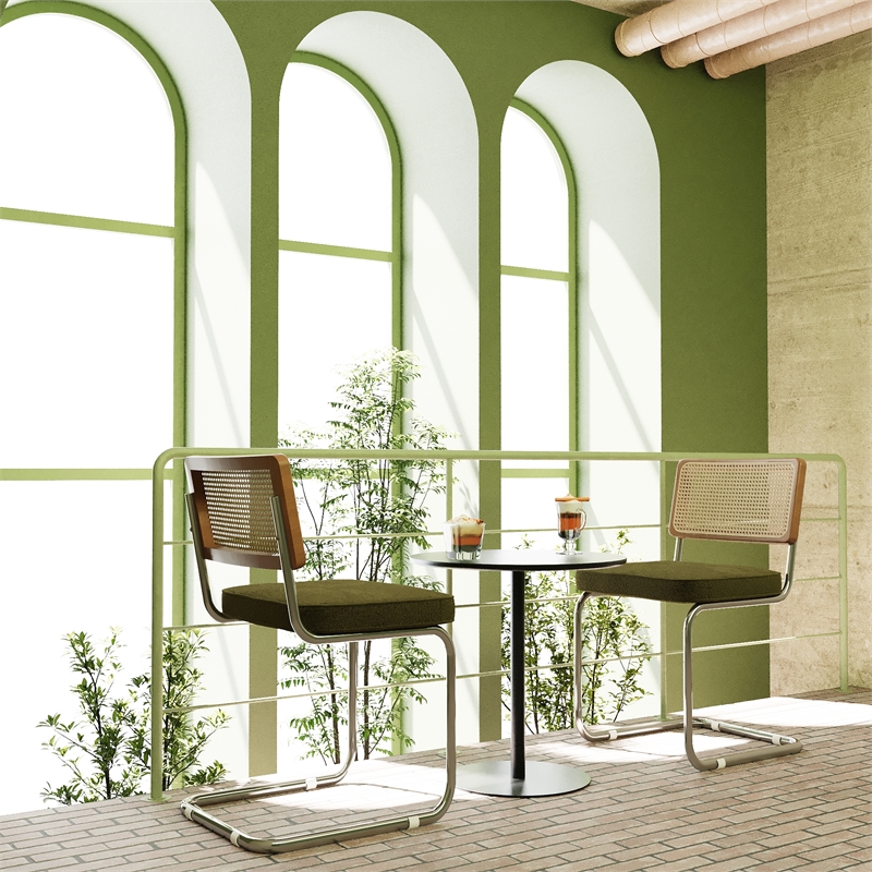 CRO Decor Stainless steel rattan backrest velvet cushion chair (2pc) - Green