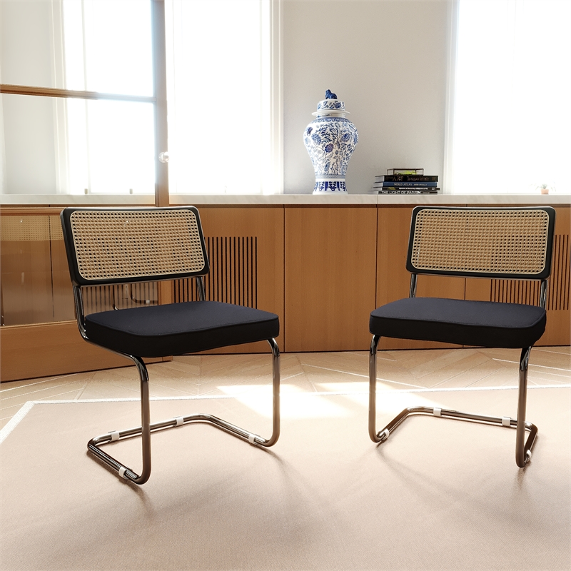 CRO Decor Stainless steel rattan backrest velvet cushion chair (2pc) - Black