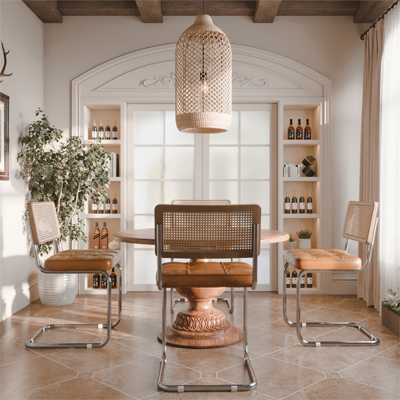 CRO Decor Stainless steel rattan backrest pu leather cushion chair (2pc) - Brown