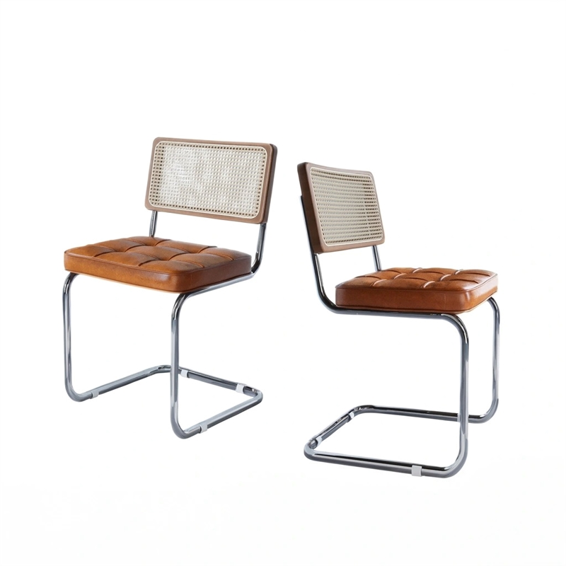 CRO Decor Stainless steel rattan backrest pu leather cushion chair (2pc) - Brown