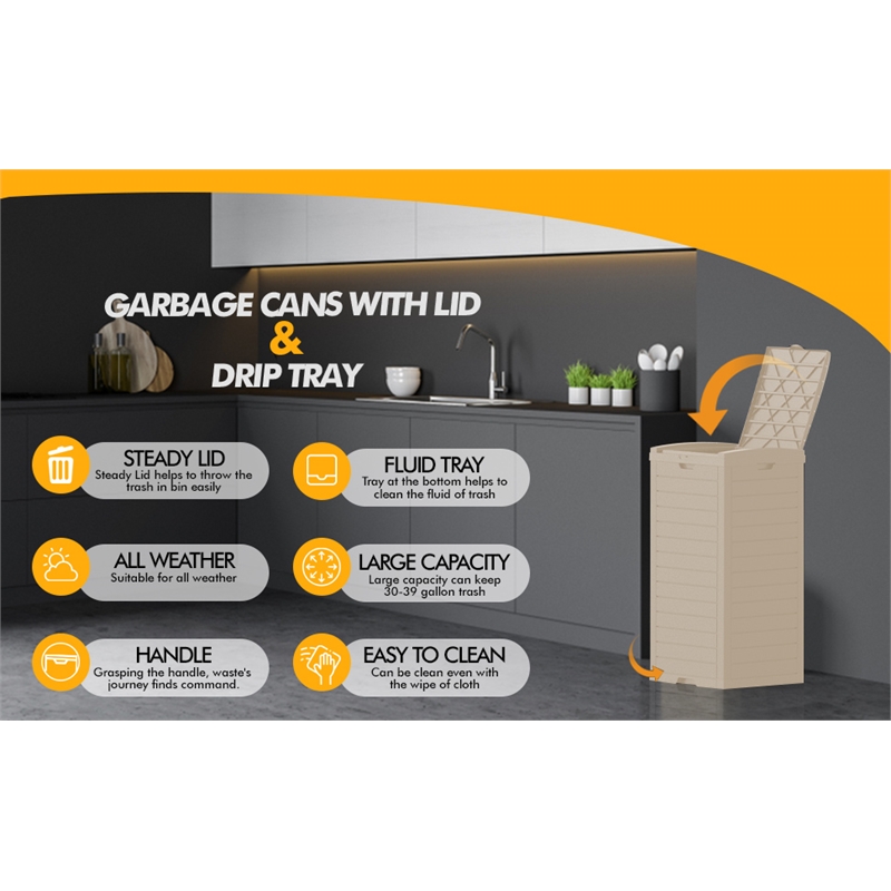 CRO Decor 62 Gallon Light Coffee Plastic Outdoor Concealed Trash Can for Yard