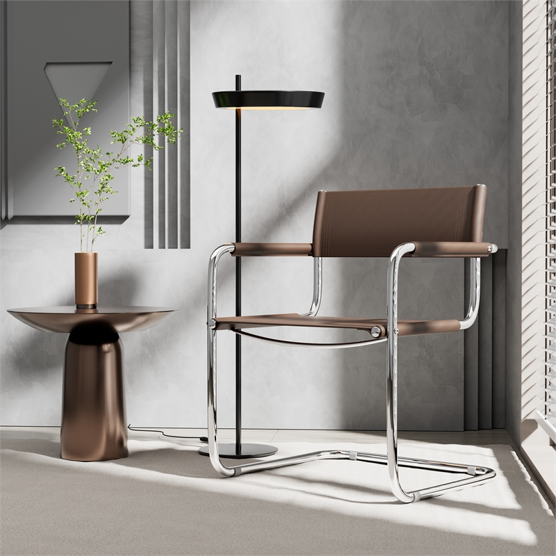 Saddle Leather Accent Chair Stainless Steel Arm Chair Dining Chair - Brown