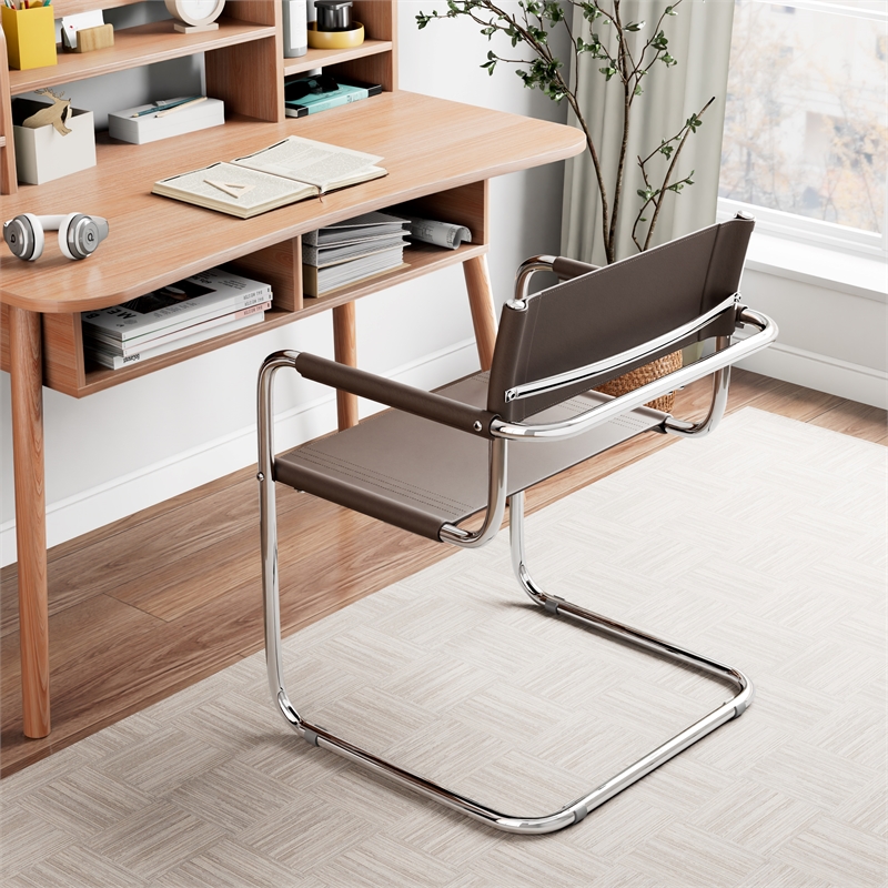 Saddle Leather Accent Chair Stainless Steel Arm Chair Dining Chair - Brown