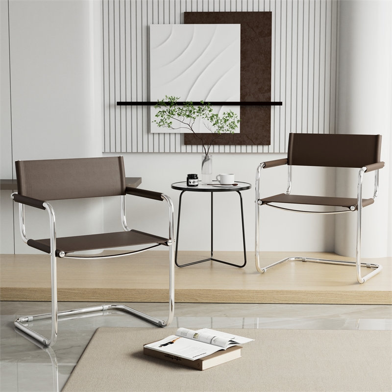 Saddle Leather Accent Chair Stainless Steel Arm Chair Dining Chair - Brown