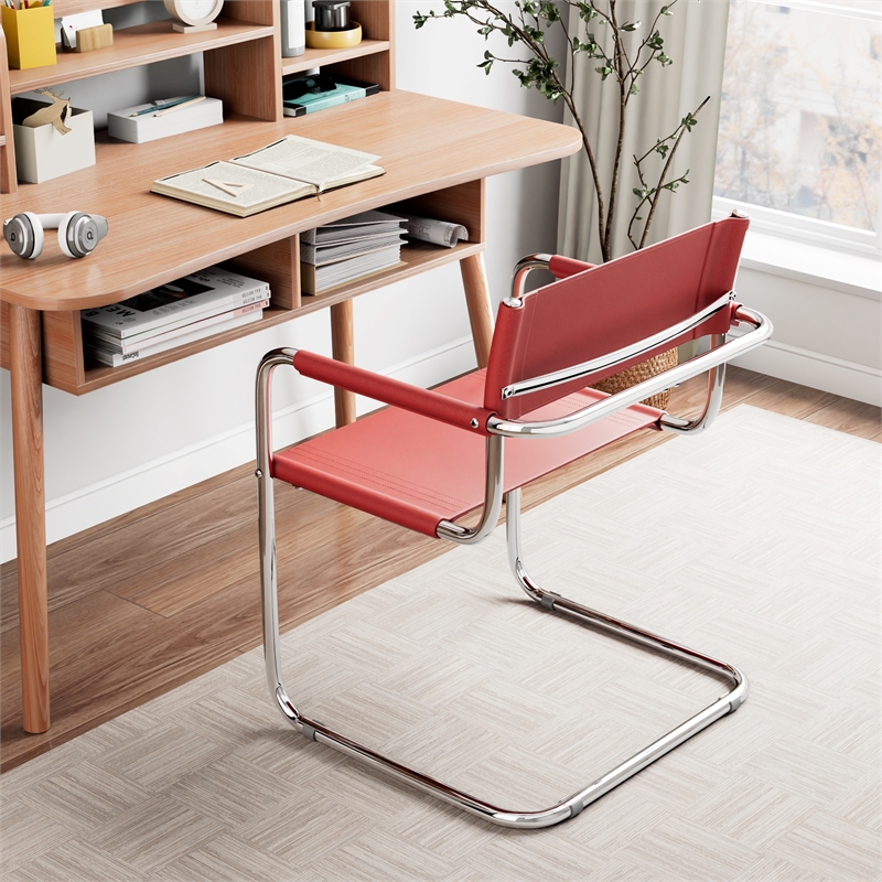 Saddle Leather Accent Chair Stainless Steel Arm Chair Dining Chair - Red