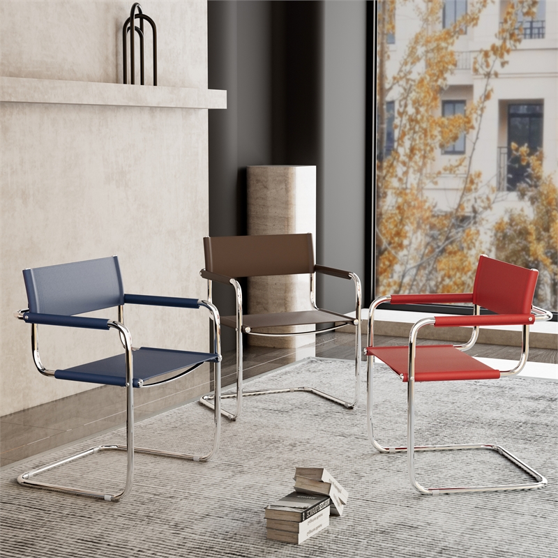 Saddle Leather Accent Chair Stainless Steel Arm Chair Dining Chair - Red