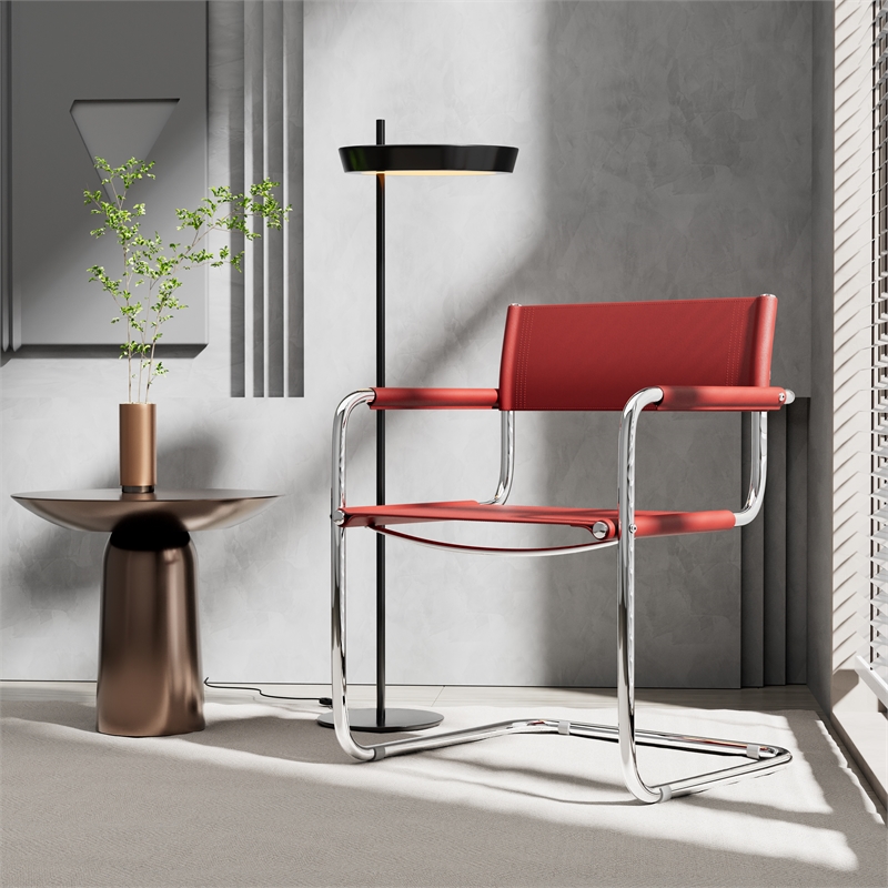 Saddle Leather Accent Chair Stainless Steel Arm Chair Dining Chair - Red
