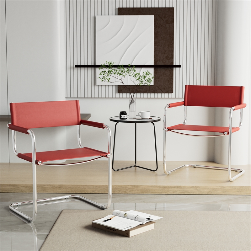 Saddle Leather Accent Chair Stainless Steel Arm Chair Dining Chair - Red