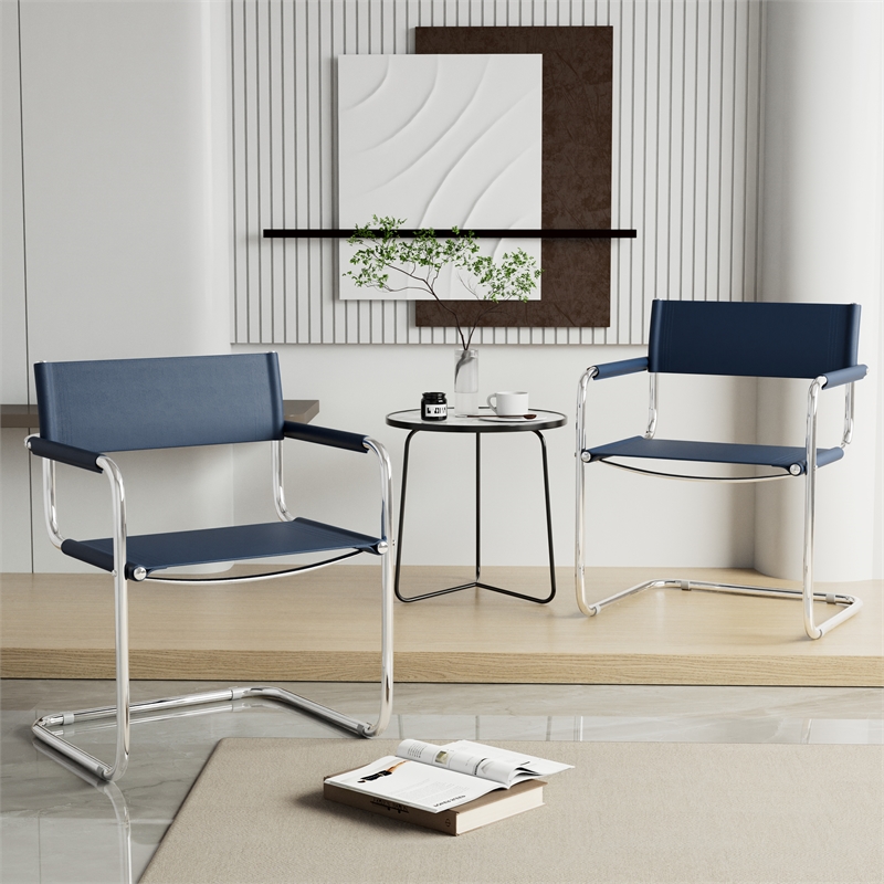 Saddle Leather Accent Chair Stainless Steel Arm Chair Dining Chair - Blue