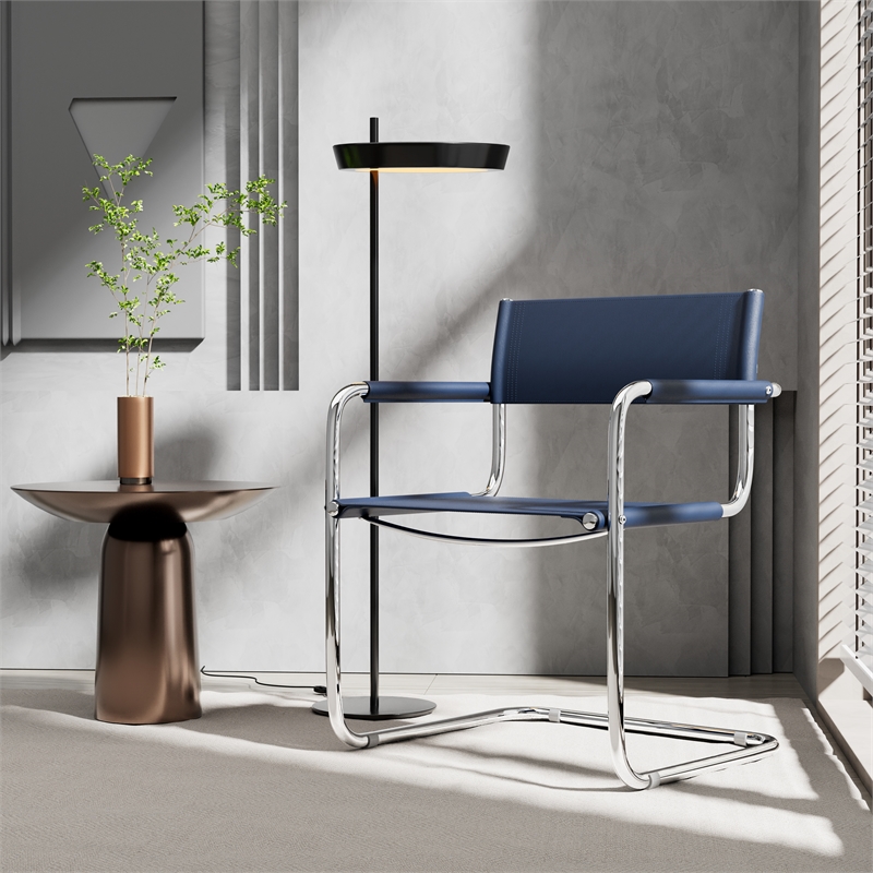 Saddle Leather Accent Chair Stainless Steel Arm Chair Dining Chair - Blue