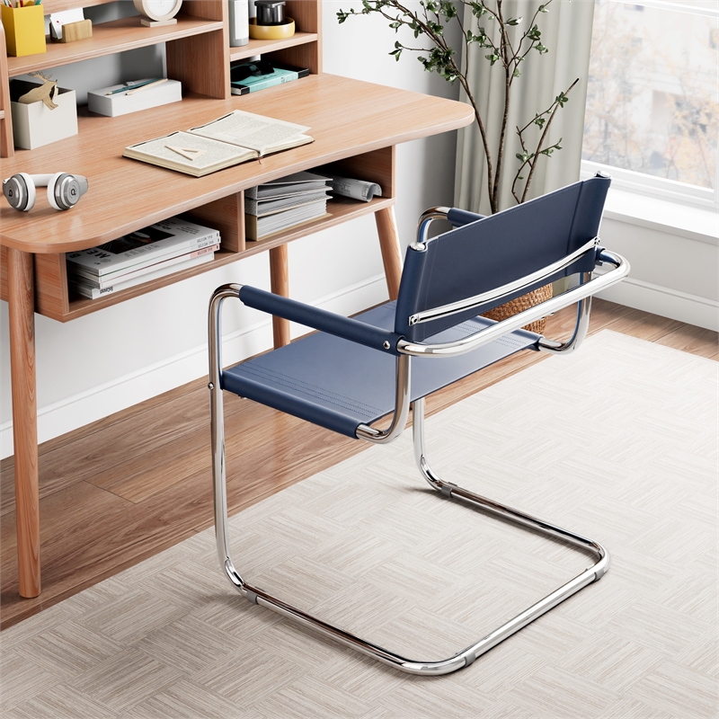 Saddle Leather Accent Chair Stainless Steel Arm Chair Dining Chair - Blue