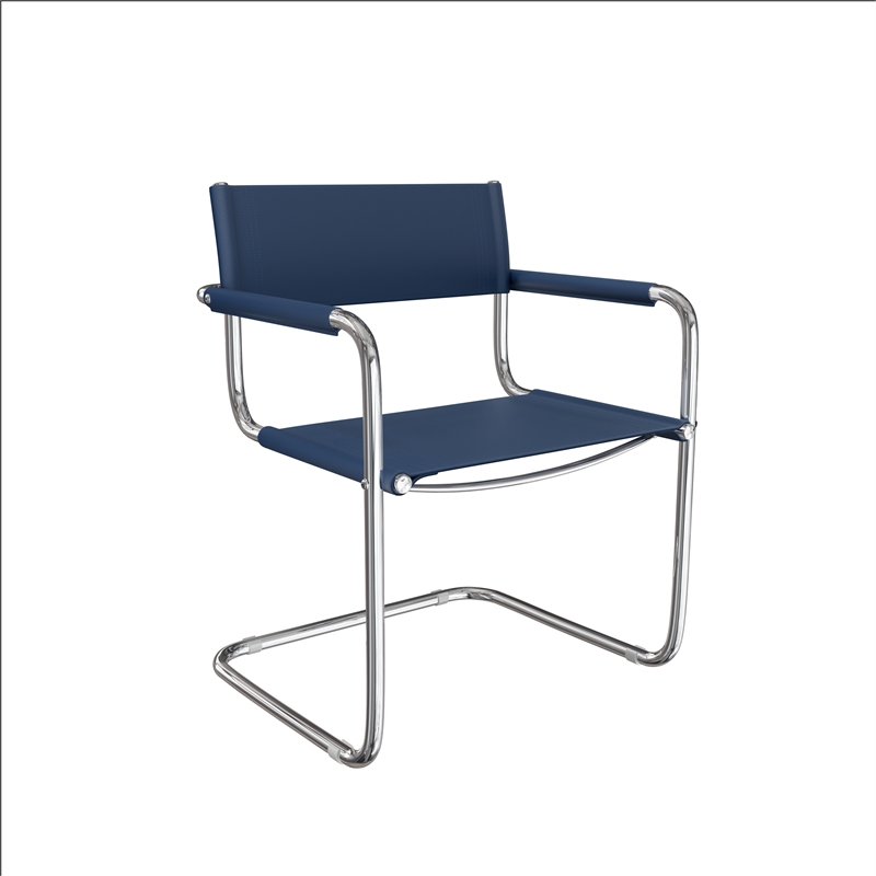 Saddle Leather Accent Chair Stainless Steel Arm Chair Dining Chair - Blue