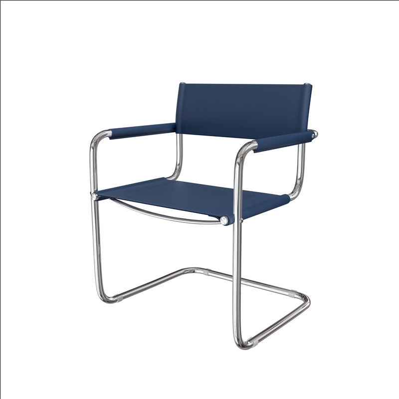 Saddle Leather Accent Chair Stainless Steel Arm Chair Dining Chair - Blue