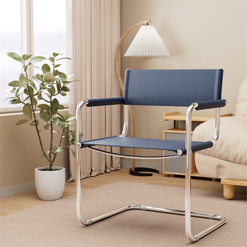 Saddle Leather Accent Chair Stainless Steel Arm Chair Dining Chair - Blue