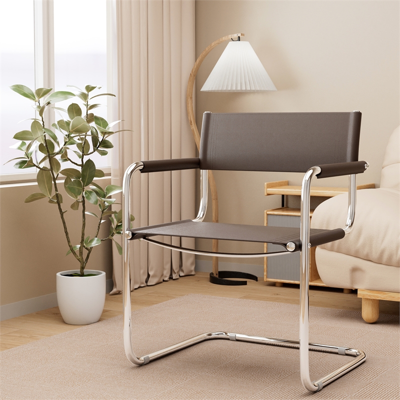 Saddle Leather Accent Chair Stainless Steel Arm Chair Dining Chair - Brown