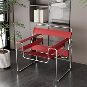 Saddle Leather Armchair Stainless Steel Frame Accent Chair - Red